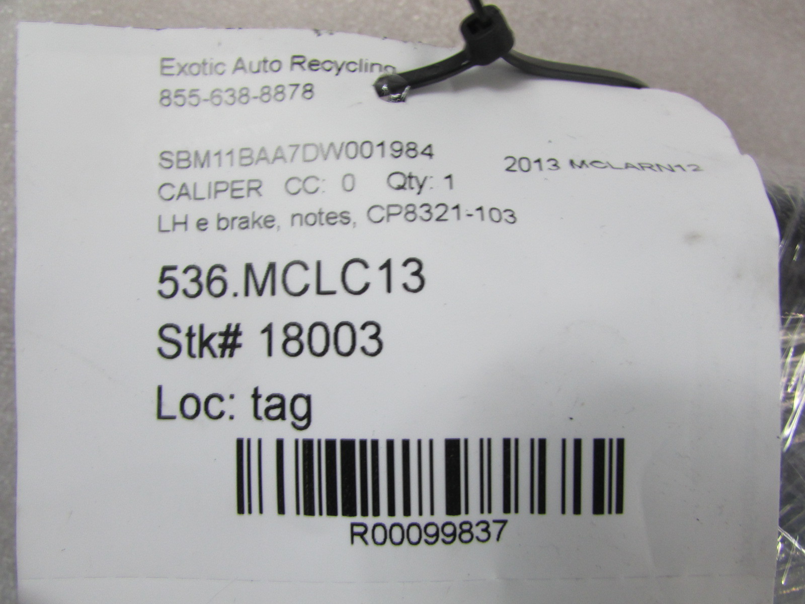McLaren MP4-12C, LH, Left E-Brake Caliper, Used, P/N CP8321-103