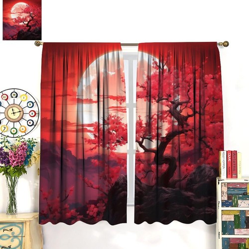 Cherry Curtains, Cherry Blossom Cherry Tree Branches on Moon Japanese Style I... - Picture 3 of 8