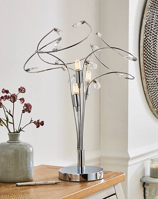 Table Lamp in Chrome with Curved arms and Crystal style leaves G9 Bulbs