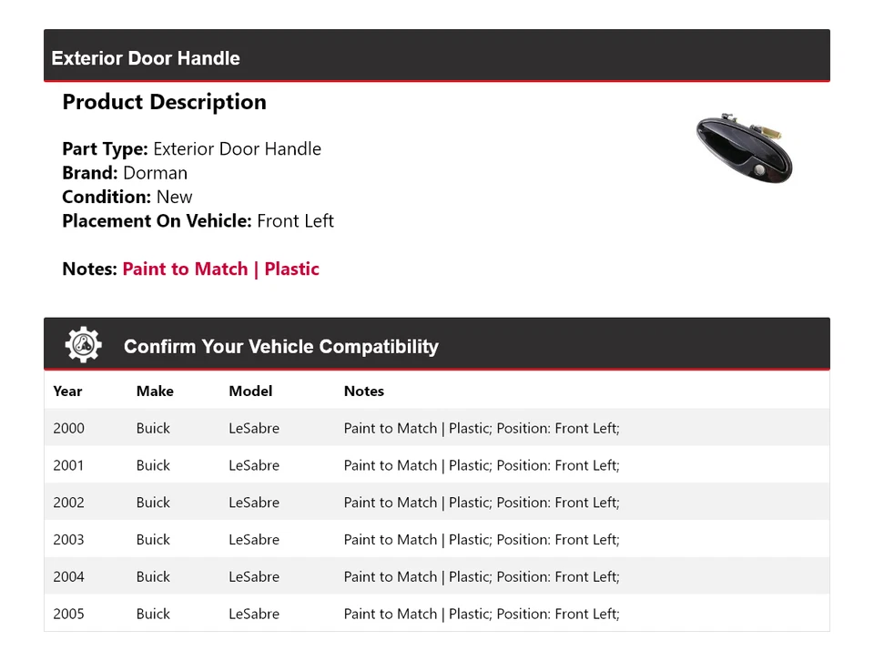 Manija de puerta exterior delantera izquierda 2001 2002 para Buick LeSabre Dorman 2000-2005 Foto 2 de 4