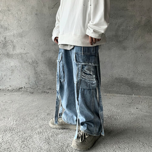 Men Jeans Denim Pants Hip Hop Trousers Loose Oversize Wide Leg Skate Baggy Punk - Photo 1/12