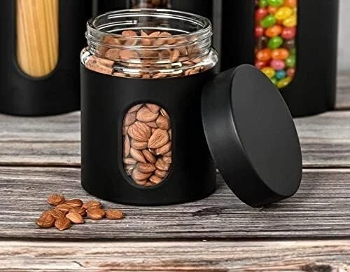 Beautiful Black 3 Glass Storage Canisters With Window Air Tight Screw Top 600 ML