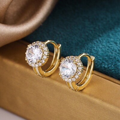 925 Silver Round Cut Simulated Diamond Halo Hoop Earring 14K Yellow Gold Plated
