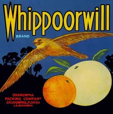 Okahumpka Florida Whippoorwill Brand Orange Citrus Fruit Crate Label Art Print