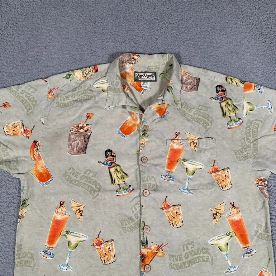 Camisa Big Dogs Para Hombres Grande Verde Hawaiana 100% Seda Informal Preppy Aloha Cócteles Foto 2 de 4