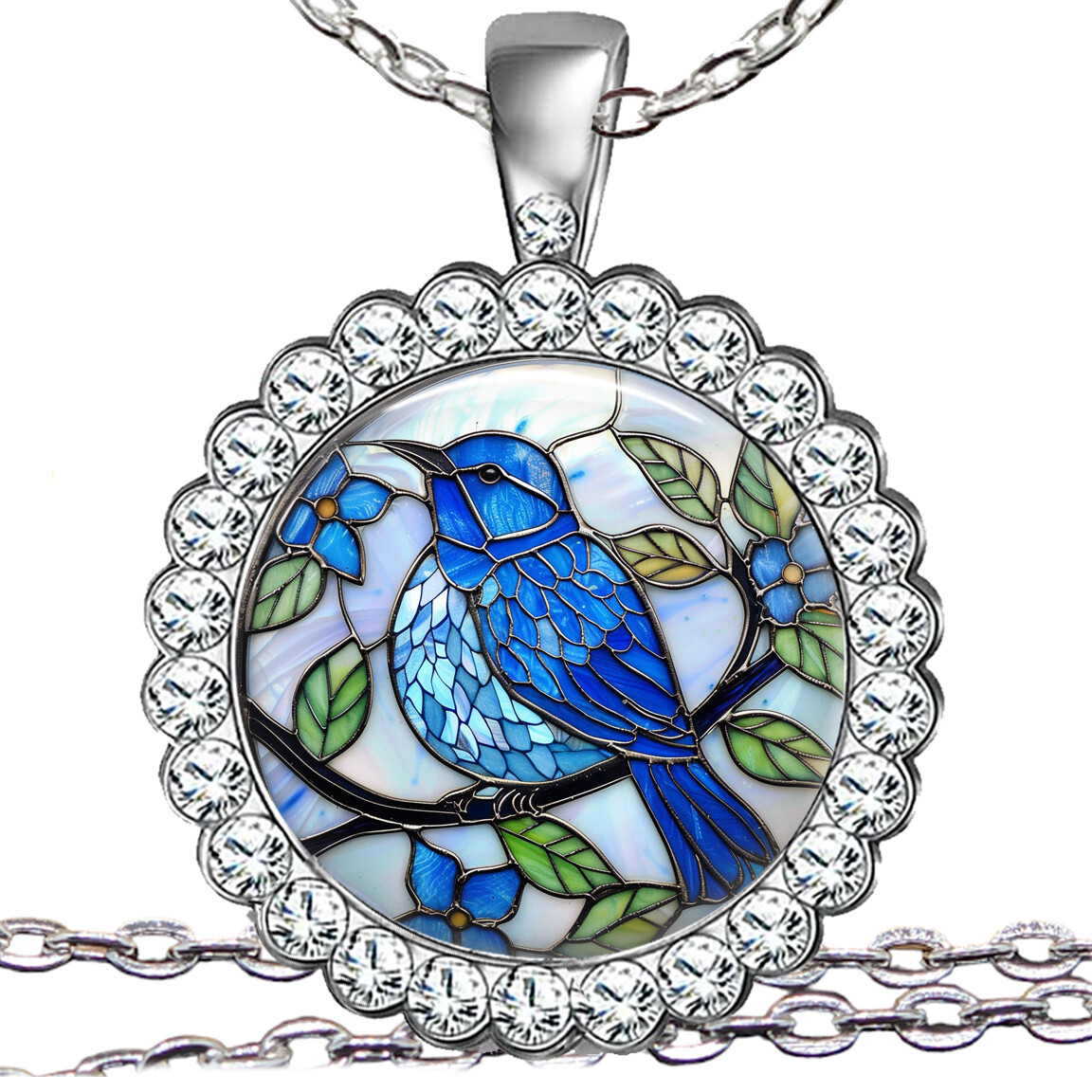 Bluebird Necklace Faux Stained Glass Art Print Crystal Pendant