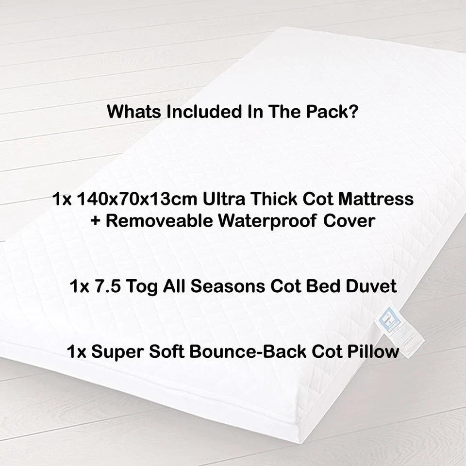 Baby Toddler Cot Bed Mattress 140x70x13cm + Free Cot Duvet & Pillow Bedding Set - Image 3 of 4