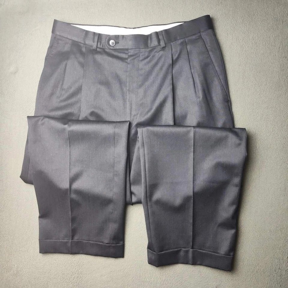 Pantalones de vestir Jack Victor para hombre 34x30 azul lana Michael cachemir plisado con puños Foto 3 de 4