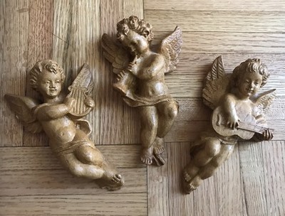 Set Of 3 Vintage Chalkware Cherub Angel Cupid Art Deco Wall Hanging ~ Vignette