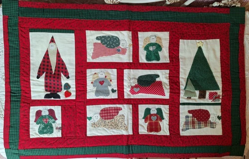 Small Handmade Christmas Quilt Angels and Trees Red Green White Local SA Estate