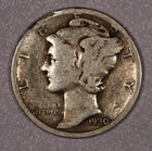 1930-S "Mercury" Silver One-Dime Coin, Very Good