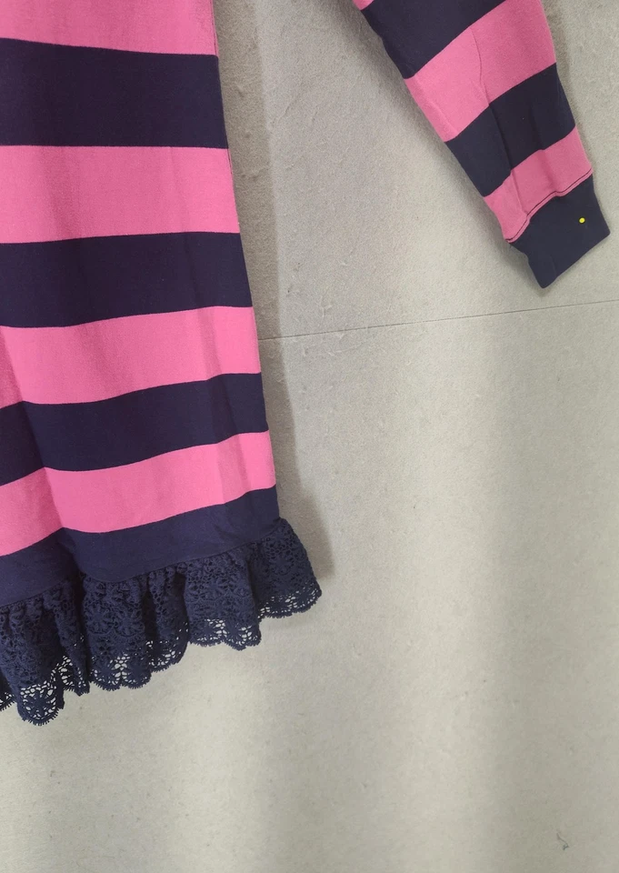 Vestido Ralph Lauren Niñas XL 16 Rosa Azul Marino Rayas Manga Larga Encaje Dobladillo Rugby Polo Foto 3 de 4