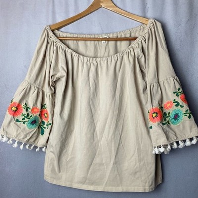 Umgee Festival Ready Boho Beige Floral Embroidered Tassel Blouse off shoulder M