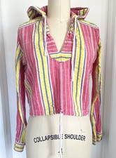 Vintage 70s San Francisco Shirt Works Womens Striped Hooded Crop Top Draw String