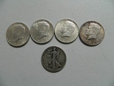 4: JFK 1/2 Dollars 1: Walking Liberty 1/2 Dollar All 90 % Silver Philadelphia