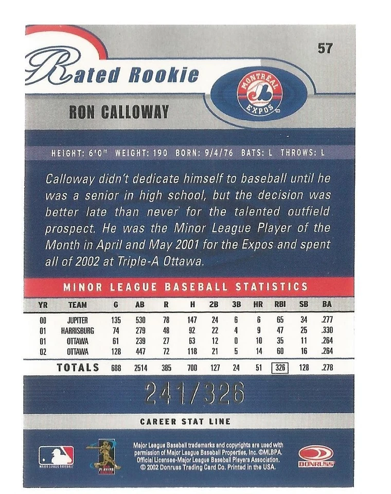 Ron Calloway 2003 Donruss CAREER STAT LINE SP Rated Rookie RC #57 EXPOS 241/326 - Image 2 of 2