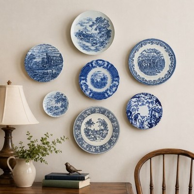 Vintage Blue White Transferware Flow Blue Plate Set Cobalt Countryside Decor