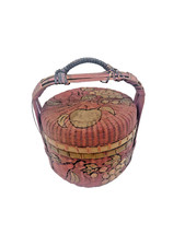 Rare Large Antique Chinese Wicker Wedding Betrothal Basket W/ Lid, Hand Painted