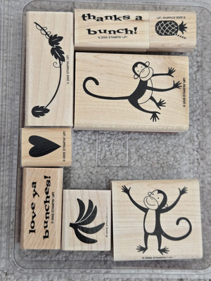 Stampin' Up! MONKEY BUSINESS 8 PC Wood Mount Rubber Stamps 2005 Banana Pineapple