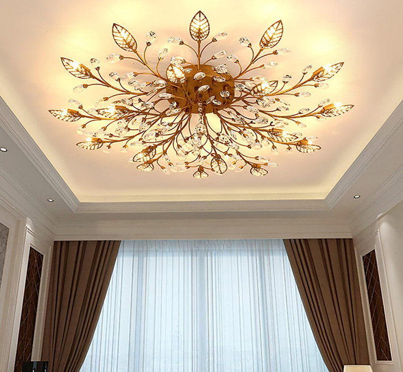 Elegant Gold Crystal Leaf Ceiling Light Fixture - 15-Light Branch Chandelier