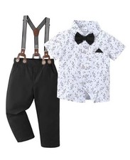 Toddler Boys Semi Formal Outfit 3pcs Sets Short Dress Shirt 4-5T Black