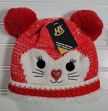 Cat Kitten Beanie Winter Hat Red White One Size Girls Ears Pom Poms Nwt