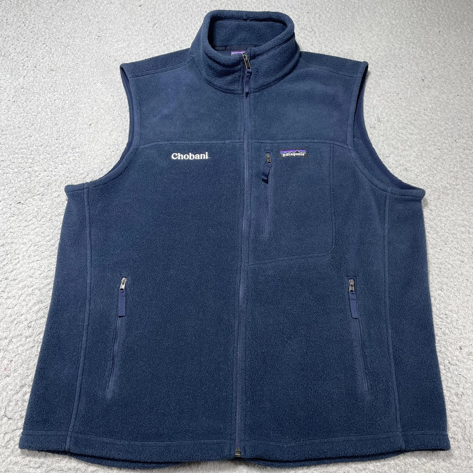 Patagonia Synchilla Vest Mens Large Blue Fleece Full Zip Chobani Logo Embroidery