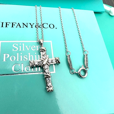 #ad NewTliffanyamp;Co21ct Diamond Platinum Cross Pendant 17quot; Necklace in Box $126.00