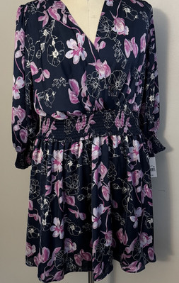 Ophelia Roe Women s Navy Blue Orchid Floral Tiered Long Sleeve Midi Dress Sz XL