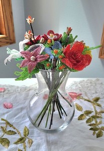 Lot 16+ Small-Medium Vintage Glass Seed Beaded Multicolored Flowers W/ Leaves 