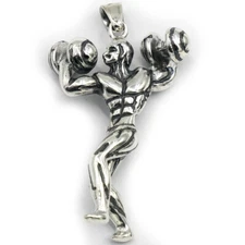 29g bodybuilder gym dumbbell weight lift muscle man 925 sterling silver pendant