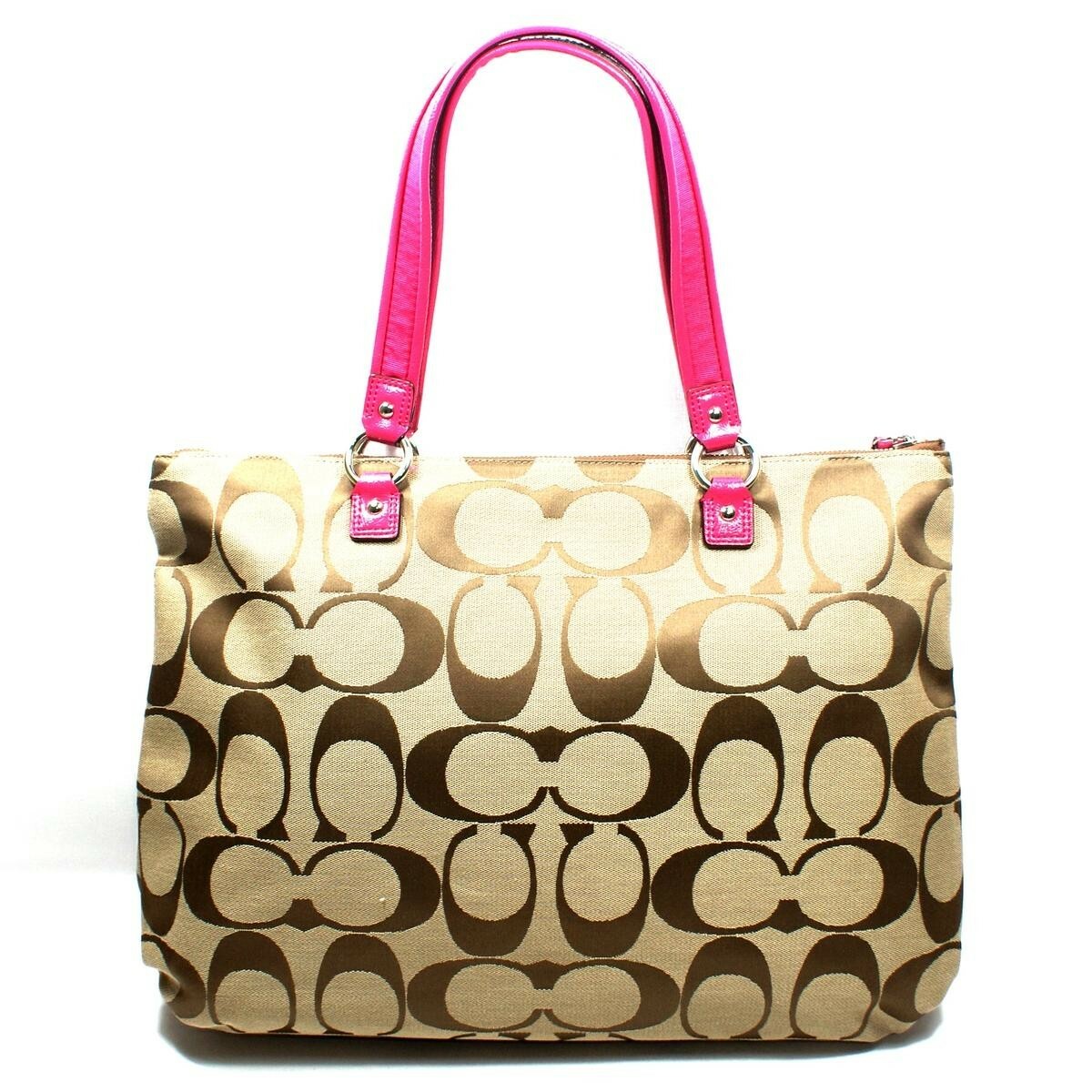 Coach F22947 Daisy Signature Tote Shoulder Bag Khaki Raspberry NWT