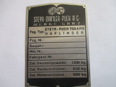 Typenschild  Schild Puch haflinger  703 AP/2 703AP/2  S45