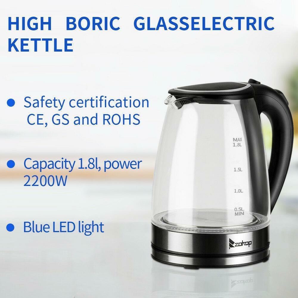 ZOKOP 1.8L Glass Kettle Electric Boiler 2000W Heating Plate 304 Blue