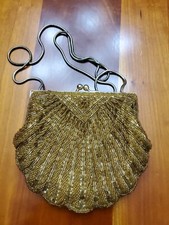 Vintage Gold Beaded Clamshell kiss lock Small Evening Purse Clutch Chain Strap