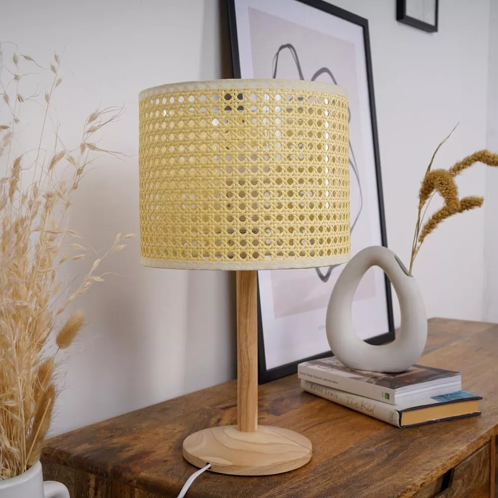 Light Wooden Table Lamp Wicker Effect Lampshade Pendant Shade Wood Stem Base