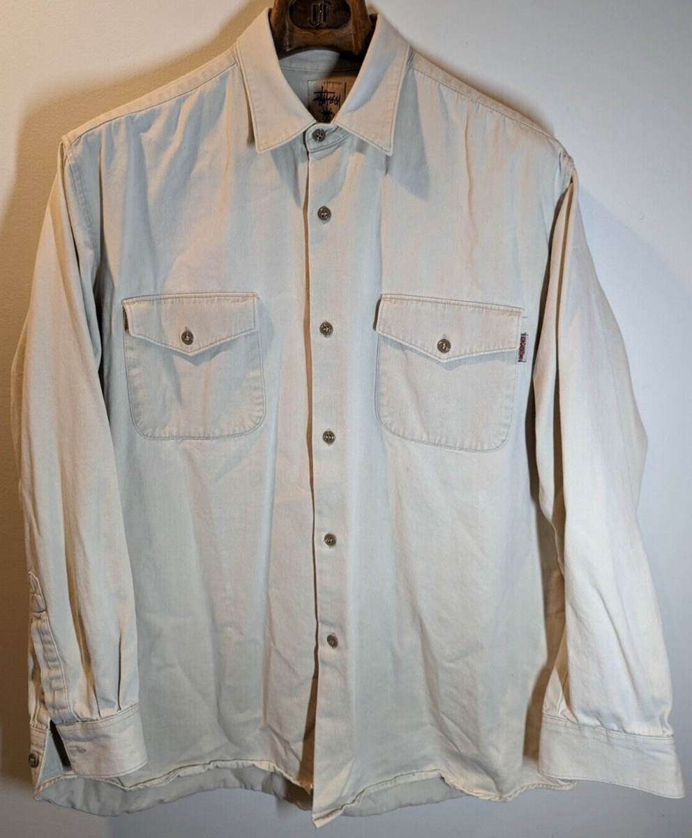 Vintage 90s Stussy Off White Button-Up Pocket Shirt Mens 
