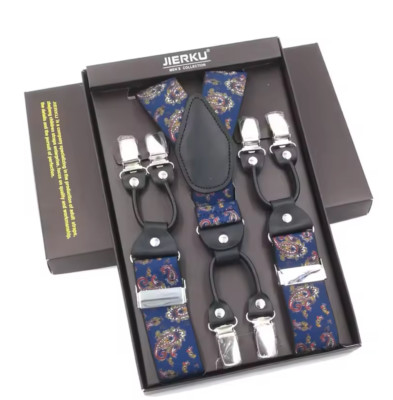 Herren Hosenträger 6 elastische und verstellbare Clips - Y-Stil blau gemustert 120 cm
