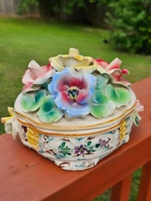 VINTAGE M&R CAPODIMONTE COVERED DISH OVAL FLORAL HAND PAINTED MADE ITALY Sign