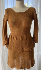 Knitted & Knotted Anthropologie Light Brown Open Knit Tiered Ruffle Dress SZ S