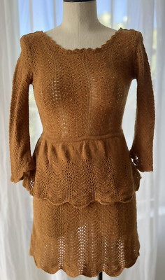 Knitted & Knotted Anthropologie Light Brown Open Knit Tiered Ruffle Dress  SZ S | eBay
