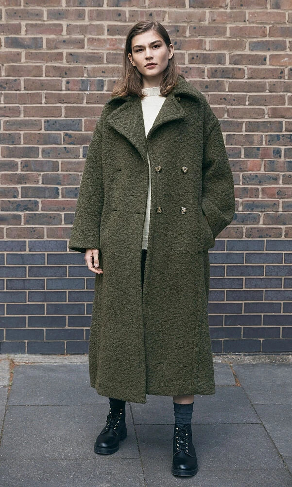 ganni double breasted belted wool blend bouclé coat