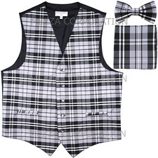 New Vesuvio Napoli Men's plaid Tuxedo Vest Waistcoat Bowtie  Hankie set Gray