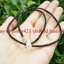 Fashion 3mm Faceted Black Spinel  White Cultured Pearl Necklace 18''
