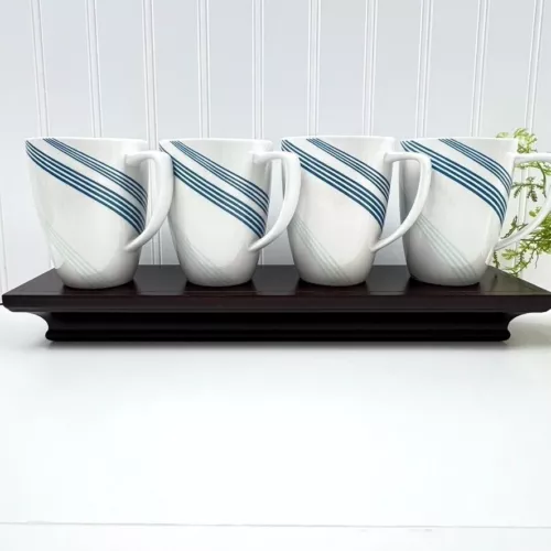 Vintage Set of 4 Corelle Coordinates Ocean Arc  Porcelain Mugs White Blue Stripe