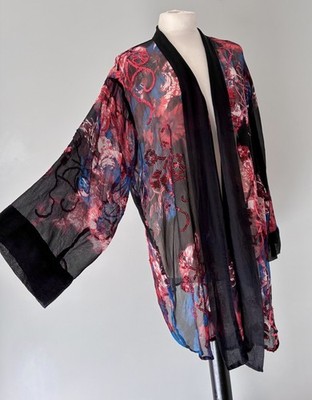 Dreamkeeper schwarz rot blau 100 % Seide Blumen durchsichtig Staubtuch Kimono Jacke PLUS 2XL+
