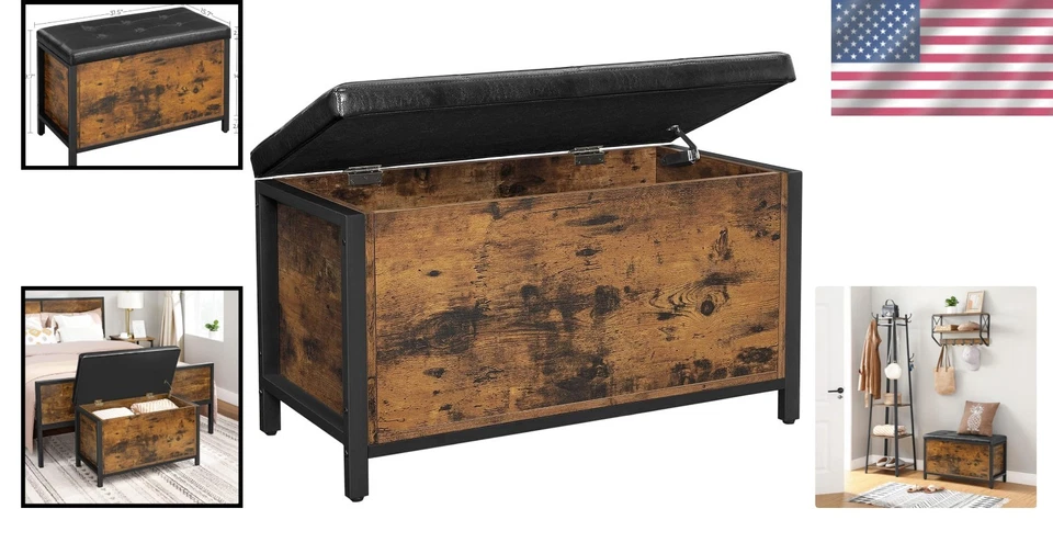 Versatile Padded Storage Ottoman for Entryway - Rustic Brown & Black Finish - Image 2 of 4