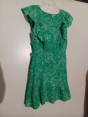 a.n.a Green/White Floral Round Neck Sleeveless Ruffle Short Dress Women L Reg