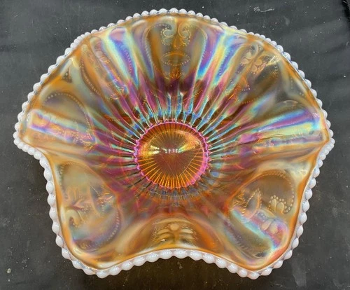 VINTAGE CARNIVAL DUGAN PEACH OPAL JEWELED HEART LARGE BOWL “KILLER IRIDESCENE”