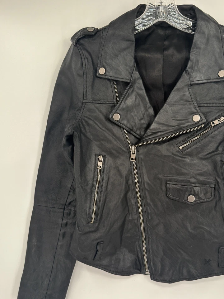 Chaqueta de motociclista Hurley para mujer negra de cuero genuino con cremallera Y2K 2009 Foto 3 de 4